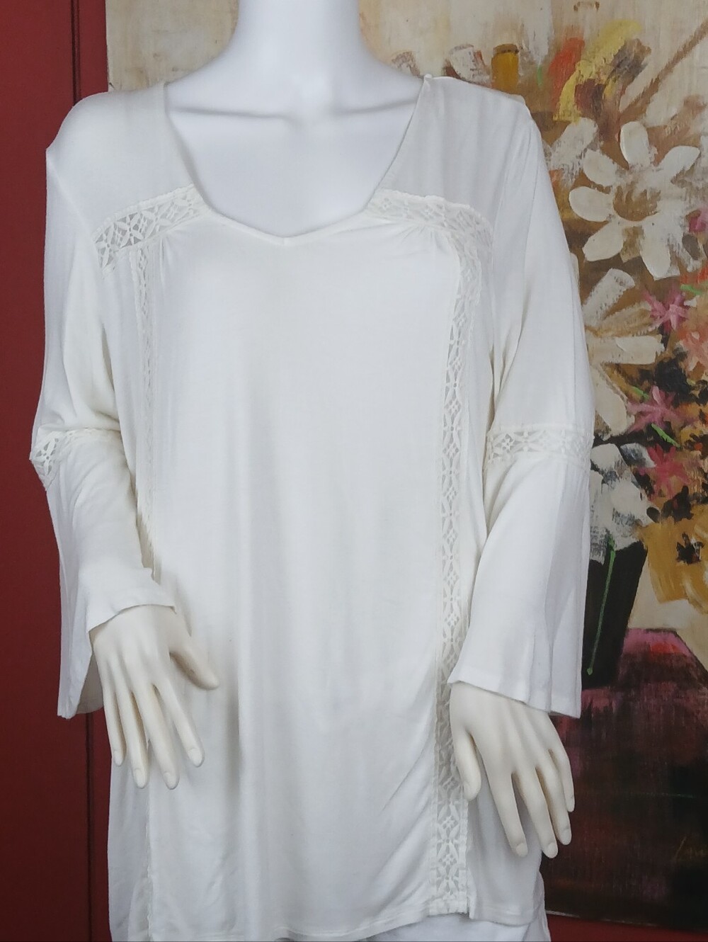 new directions Cream Crochet-Trim V-Neck Tunic